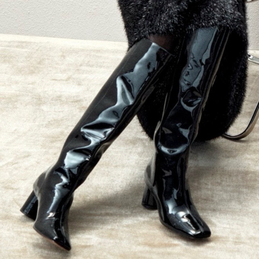 J. Crew Knee High, Round-toe Black Patent Leather Boots, Sz 8.5, NWT! - Picture 2 of 10